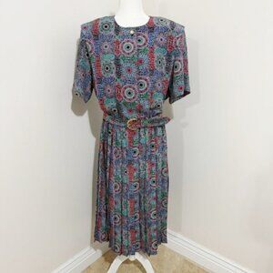 Vintage Leslie Fay Woman Belted Pleated Midi Secretary Dress Blue Geometric 20W